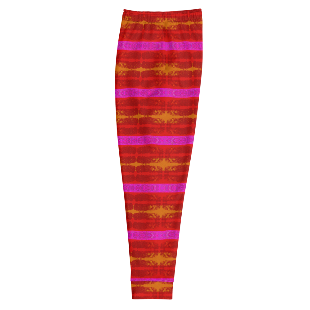 Hand Made, Print on Demand, Apparel & Accessories > Clothing > Activewear, Joggers, Sweatpants, River Jade Smithy, RJS, Travis Huffaker, RJSTH, 70% polyester, 27% cotton, 3% elastane, Slim fit, Cuffed legs, pockets, Elastic waistband, drawstring, RJSTH@Fabric#7, Rind#7 Flip, RindLink Collection, jewelled, orange, pink, stripes, side