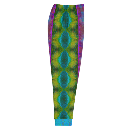 Hand Made, Print on Demand, Apparel & Accessories > Clothing > Activewear, Joggers, Sweatpants, River Jade Smithy, RJS, Travis Huffaker, RJSTH, 70% polyester, 27% cotton, 3% elastane, Slim fit, Blue, Cuffed legs, pockets, Elastic waistband, drawstring, RJSTH@Fabric#11, raku, geometric, purple, yellow, green, crackle, side