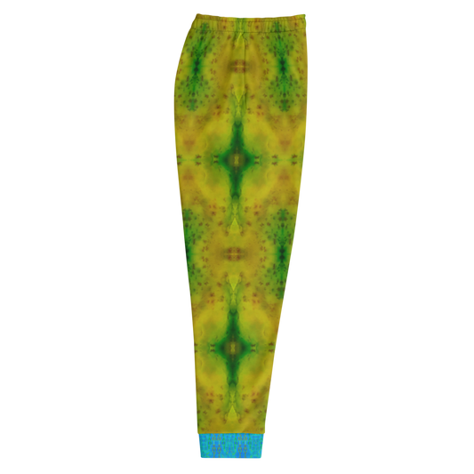 Hand Made, Print on Demand, Apparel & Accessories > Clothing > Activewear, Joggers, Sweatpants, River Jade Smithy, RJS, Travis Huffaker, RJSTH, 70% polyester, 27% cotton, 3% elastane, Slim fit, Blue, Cuffed legs, pockets, Elastic waistband, drawstring, RJSTH@Fabric#10, green, yellow, red, patterned, jade, stone, love, side