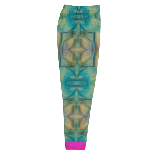 Hand Made, Print on Demand, Apparel & Accessories > Clothing > Activewear, Joggers, Sweatpants, River Jade Smithy, RJS, Travis Huffaker, RJSTH, 70% polyester, 27% cotton, 3% elastane, Slim fit, pink, Cuffed legs, pockets, Elastic waistband, drawstring, RJSTH@Fabric#9, raku, blue, green, pink, yellow, crackle, finger streaks in clay, abstract, geometric, side