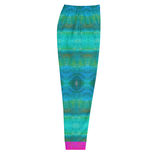 Hand Made, Print on Demand, Apparel & Accessories > Clothing > Activewear, Joggers, Sweatpants, River Jade Smithy, RJS, Travis Huffaker, RJSTH, 70% polyester, 27% cotton, 3% elastane, Slim fit, Pink Cuffed legs, pockets, Elastic waistband, drawstring, RJSTH@Fabric#8, raku, blue, green, teal, pink, crackle, abstract, side