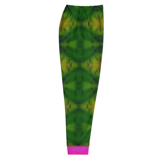 Hand Made, Print on Demand, Apparel & Accessories > Clothing > Activewear, Joggers, Sweatpants, River Jade Smithy, RJS, Travis Huffaker, RJSTH, 70% polyester, 27% cotton, 3% elastane, Slim fit, Pink, Cuffed legs, pockets, Elastic waistband, drawstring, RJSTH@Fabric#7, geometric, patterned, green, purple, jade, stone, side