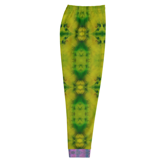 Hand Made, Print on Demand, Apparel & Accessories > Clothing > Activewear, Joggers, Sweatpants, River Jade Smithy, RJS, Travis Huffaker, RJSTH, 70% polyester, 27% cotton, 3% elastane, Slim fit, Cuffed legs, pockets, Elastic waistband, drawstring, RJSTH@Fabric#5, geometric, green, yellow, jade, purple, leg, cuff, love, side