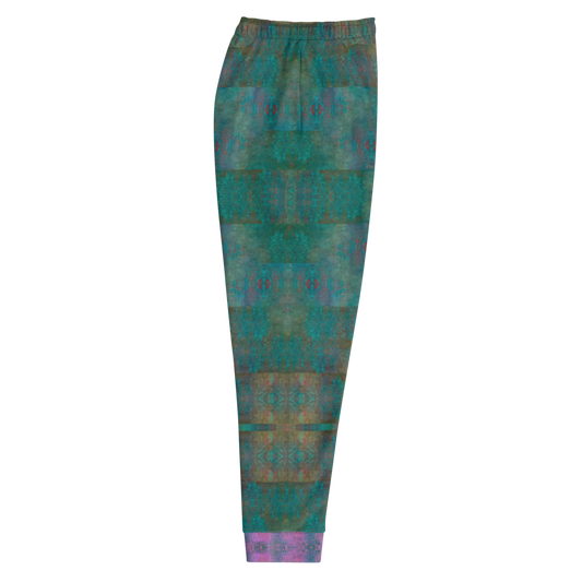 Hand Made, Print on Demand, Apparel & Accessories > Clothing > Activewear, Joggers, Sweatpants, River Jade Smithy, RJS, Travis Huffaker, RJSTH, 70% polyester, 27% cotton, 3% elastane, Slim fit, Cuffed legs, pockets, Elastic waistband, drawstring, RJSTH@Fabric#4, raku, blue, green, purple cuff, geometric, crackle, detail, side