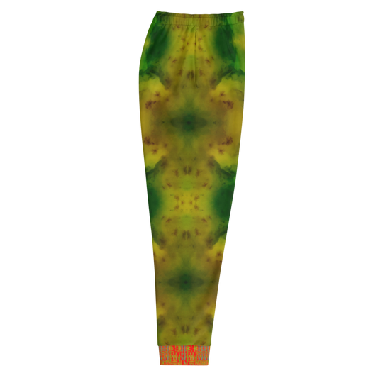 Hand Made, Print on Demand, Apparel & Accessories > Clothing > Activewear, Joggers, Sweatpants, River Jade Smithy, RJS, Travis Huffaker, RJSTH, 70% polyester, 27% cotton, 3% elastane, Slim fit, Cuffed legs, pockets, Elastic waistband, drawstring, RJSTH@Fabric#3, geometric, mottled, green, jade, orange, cuff, love, side
