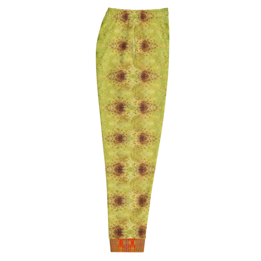 Hand Made, Print on Demand, Apparel & Accessories > Clothing > Activewear, Joggers, Sweatpants, River Jade Smithy, RJS, Travis Huffaker, RJSTH, 70% polyester, 27% cotton, 3% elastane, Slim fit, Cuffed legs, pockets, Elastic waistband, drawstring, RJSTH@Fabric#2, raku, moss, green, brown, glass, orange, stripe, cuff, side