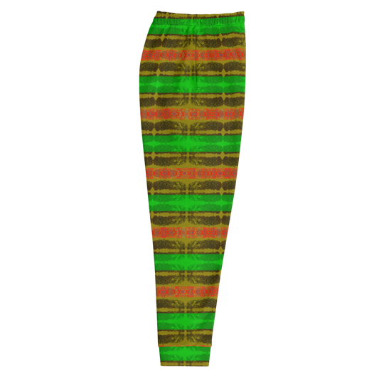 Hand Made, Print on Demand, Apparel & Accessories > Clothing > Activewear, Joggers, Sweatpants, River Jade Smithy, RJS, Travis Huffaker, RJSTH, 70% polyester, 27% cotton, 3% elastane, Slim fit, Cuffed legs, pockets, Elastic waistband, drawstring, Rind Link Collection, Rind#1, orange, green, brown, jeweled, stripes, side