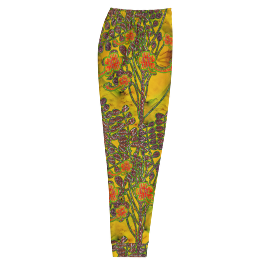 Hand Made, Print on Demand, Apparel & Accessories > Clothing > Activewear, Joggers, Sweatpants, River Jade Smithy, RJS, Travis Huffaker, RJSTH, 70% polyester, 27% cotton, 3% elastane, Slim fit, Cuffed legs, pockets, Elastic waistband, drawstring, RJSTH@Fabric#1, WindSong Flower, yellow, jade, orange, flower, copper, side