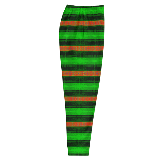 Hand Made, Print on Demand, Apparel & Accessories > Clothing > Activewear, Joggers, Sweatpants, River Jade Smithy, RJS, Travis Huffaker, RJSTH, 70% polyester, 27% cotton, 3% elastane, Slim fit, Cuffed legs, pockets, Elastic waistband, drawstring, Rind Link Collection, Rind#2, jeweled stripes, orange, green, lime, side