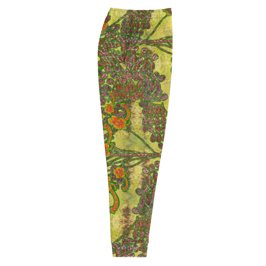 Hand Made, Print on Demand, Apparel & Accessories > Clothing > Activewear, Joggers, Sweatpants, River Jade Smithy, RJS, Travis Huffaker, RJSTH, 70% polyester, 27% cotton, 3% elastane, Slim fit, Cuffed legs, pockets, Elastic waistband, drawstring, RJSTH@Fabric#2, WindSong Flower, raku, green, orange, flowers, copper, side