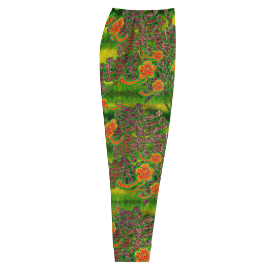 Hand Made, Print on Demand, Apparel & Accessories > Clothing > Activewear, Joggers, Sweatpants, River Jade Smithy, RJS, Travis Huffaker, RJSTH, 70% polyester, 27% cotton, 3% elastane, Slim fit, Cuffed legs, pockets, Elastic waistband, drawstring, RJSTH@Fabric#3, WindSong Flower, jade, green, orange, flowers, copper, side