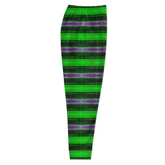 Hand Made, Print on Demand, Apparel & Accessories > Clothing > Activewear, Joggers, Sweatpants, River Jade Smithy, RJS, Travis Huffaker, RJSTH, 70% polyester, 27% cotton, 3% elastane, Slim fit, Cuffed legs, pockets, Elastic waistband, drawstring, Rind Link Collection, Rind#4, purple, lime, green, jewelled, stripes, side
