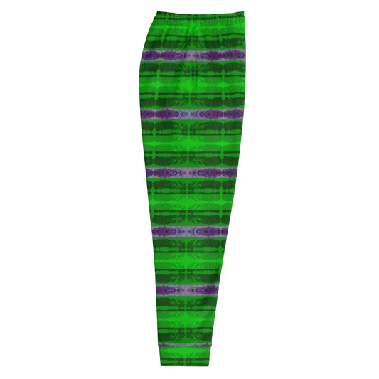 Hand Made, Print on Demand, Apparel & Accessories > Clothing > Activewear, Joggers, Sweatpants, River Jade Smithy, RJS, Travis Huffaker, RJSTH, 70% polyester, 27% cotton, 3% elastane, Slim fit, Cuffed legs, pockets, Elastic waistband, drawstring, Rind Link Collection, Rind#5, green, cerulean, purple, horizontal, jeweled, stripes, side