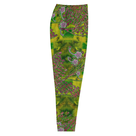 Hand Made, Print on Demand, Apparel & Accessories > Clothing > Activewear, Joggers, Sweatpants, River Jade Smithy, RJS, Travis Huffaker, RJSTH, 70% polyester, 27% cotton, 3% elastane, Slim fit, Cuffed legs, pockets, Elastic waistband, drawstring, RJSTH@Fabric#5, WindSong Flower, geometric, green, jade, purple, flowers, woven, copper, leaves, side