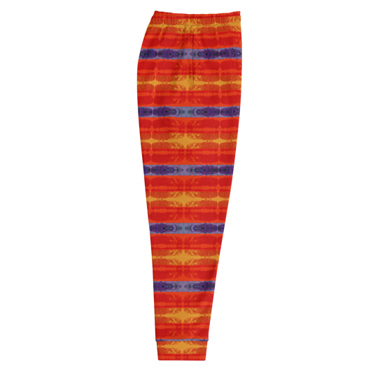 Hand Made, Print on Demand, Apparel & Accessories > Clothing > Activewear, Joggers, Sweatpants, River Jade Smithy, RJS, Travis Huffaker, RJSTH, 70% polyester, 27% cotton, 3% elastane, Slim fit, Cuffed legs, pockets, Elastic waistband, drawstring, Rind Link Collection, Rind#6, orange, blue, jeweled, horizontal, stripes, side