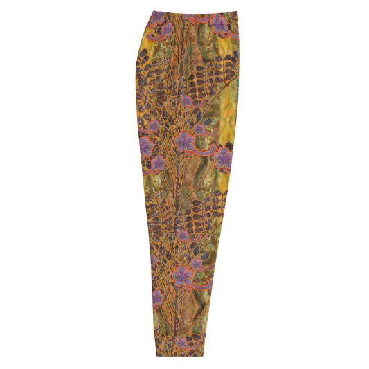 Hand Made, Print on Demand, Apparel & Accessories > Clothing > Activewear, Joggers, Sweatpants, River Jade Smithy, RJS, Travis Huffaker, RJSTH, 70% polyester, 27% cotton, 3% elastane, Slim fit, Cuffed legs, pockets, Elastic waistband, drawstring, RJSTH@Fabric#6, WindSong Flower, raku, bronze, gold, purple, flowers, woven, smithed, copper, leaves, side