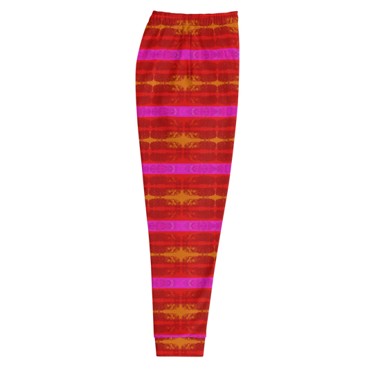 Hand Made, Print on Demand, Apparel & Accessories > Clothing > Activewear, Joggers, Sweatpants, River Jade Smithy, RJS, Travis Huffaker, RJSTH, 70% polyester, 27% cotton, 3% elastane, Slim fit, Cuffed legs, pockets, Elastic waistband, drawstring, RJSTH@Fabric#7, Rind#7 Flip, RindLink Collection, jewelled, orange, pink, stripes, side