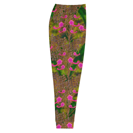 Hand Made, Print on Demand, Apparel & Accessories > Clothing > Activewear, Joggers, Sweatpants, River Jade Smithy, RJS, Travis Huffaker, RJSTH, 70% polyester, 27% cotton, 3% elastane, Slim fit, Cuffed legs, pockets, Elastic waistband, drawstring, RJSTH@Fabric#7, WindSong Flower Collection, patterned, green, jade, woven, copper, leaves, pink flowers, side