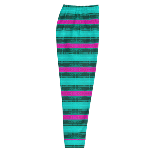 Hand Made, Print on Demand, Apparel & Accessories > Clothing > Activewear, Joggers, Sweatpants, River Jade Smithy, RJS, Travis Huffaker, RJSTH, 70% polyester, 27% cotton, 3% elastane, Slim fit, Cuffed legs, pockets, Elastic waistband, drawstring, RindLink Collection, Rind#8, jeweled, stripes, pink, light, dark, blue, side