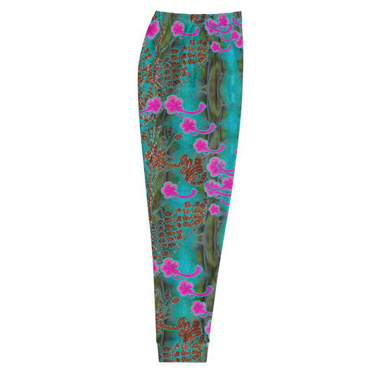 Hand Made, Print on Demand, Apparel & Accessories > Clothing > Activewear, Joggers, Sweatpants, River Jade Smithy, RJS, Travis Huffaker, RJSTH, 70% polyester, 27% cotton, 3% elastane, Slim fit, Cuffed legs, pockets, Elastic waistband, drawstring, RJSTH@Fabric#8, WindSong Flower Collection, raku, blue crackle, woven copper leaves, pink flowers, side