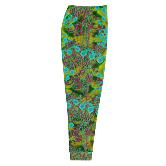 Hand Made, Print on Demand, Apparel & Accessories > Clothing > Activewear, Joggers, Sweatpants, River Jade Smithy, RJS, Travis Huffaker, RJSTH, 70% polyester, 27% cotton, 3% elastane, Slim fit, Cuffed legs, pockets, Elastic waistband, drawstring, RJSTH@Fabric#10, WindSong Flower, geometric, green, red, jade, Woven, copper, leaves, purple, flowers, side