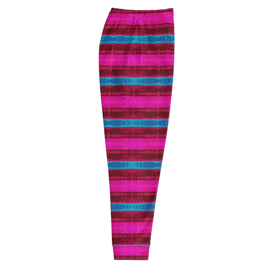 Hand Made, Print on Demand, Apparel & Accessories > Clothing > Activewear, Joggers, Sweatpants, River Jade Smithy, RJS, Travis Huffaker, RJSTH, 70% polyester, 27% cotton, 3% elastane, Slim fit, Cuffed legs, pockets, Elastic waistband, drawstring, RJSTH@Fabric#11, RindLink, Rind#11, raspberry, pink, blue, jewel, stripes, side