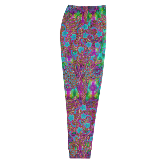 Hand Made, Print on Demand, Apparel & Accessories > Clothing > Activewear, Joggers, Sweatpants, River Jade Smithy, RJS, Travis Huffaker, RJSTH, 70% polyester, 27% cotton, 3% elastane, Slim fit, Cuffed legs, pockets, Elastic waistband, drawstring, RJSTH#Fabric#11, WindSong Flower Collection, blue, green, purple, Woven, Copper, leaves, Blue Flowers, side