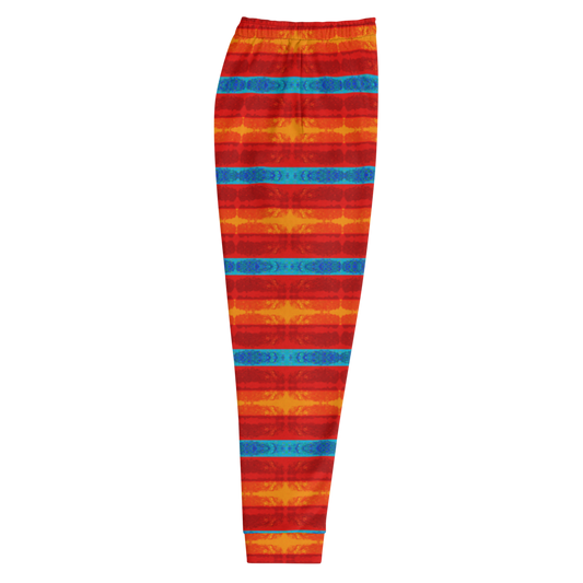 Hand Made, Print on Demand, Apparel & Accessories > Clothing > Activewear, Joggers, Sweatpants, River Jade Smithy, RJS, Travis Huffaker, RJSTH, 70% polyester, 27% cotton, 3% elastane, Slim fit, Cuffed legs, pockets, Elastic waistband, drawstring, RJSTH#Fabric#12, RindLink, Rind#12, orange, tangerine, blue, jewel, stripe, side