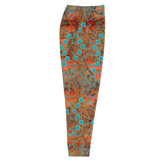 Hand Made, Print on Demand, Apparel & Accessories > Clothing > Activewear, Joggers, Sweatpants, River Jade Smithy, RJS, Travis Huffaker, RJSTH, 70% polyester, 27% cotton, 3% elastane, Slim fit, Cuffed legs, pockets, Elastic waistband, drawstring, RJSTH@Fabric#12, Windsong Flower, red, gray, woven, Copper, Blue Flowers, back