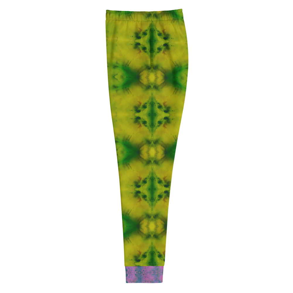 Hand Made, Print on Demand, Apparel & Accessories > Clothing > Activewear, Joggers, Sweatpants, River Jade Smithy, RJS, Travis Huffaker, RJSTH, 70% polyester, 27% cotton, 3% elastane, Slim fit, Cuffed legs, pockets, Elastic waistband, drawstring, RJSTH@Fabric#5, geometric, green, yellow, jade, purple, leg, cuff, love, side