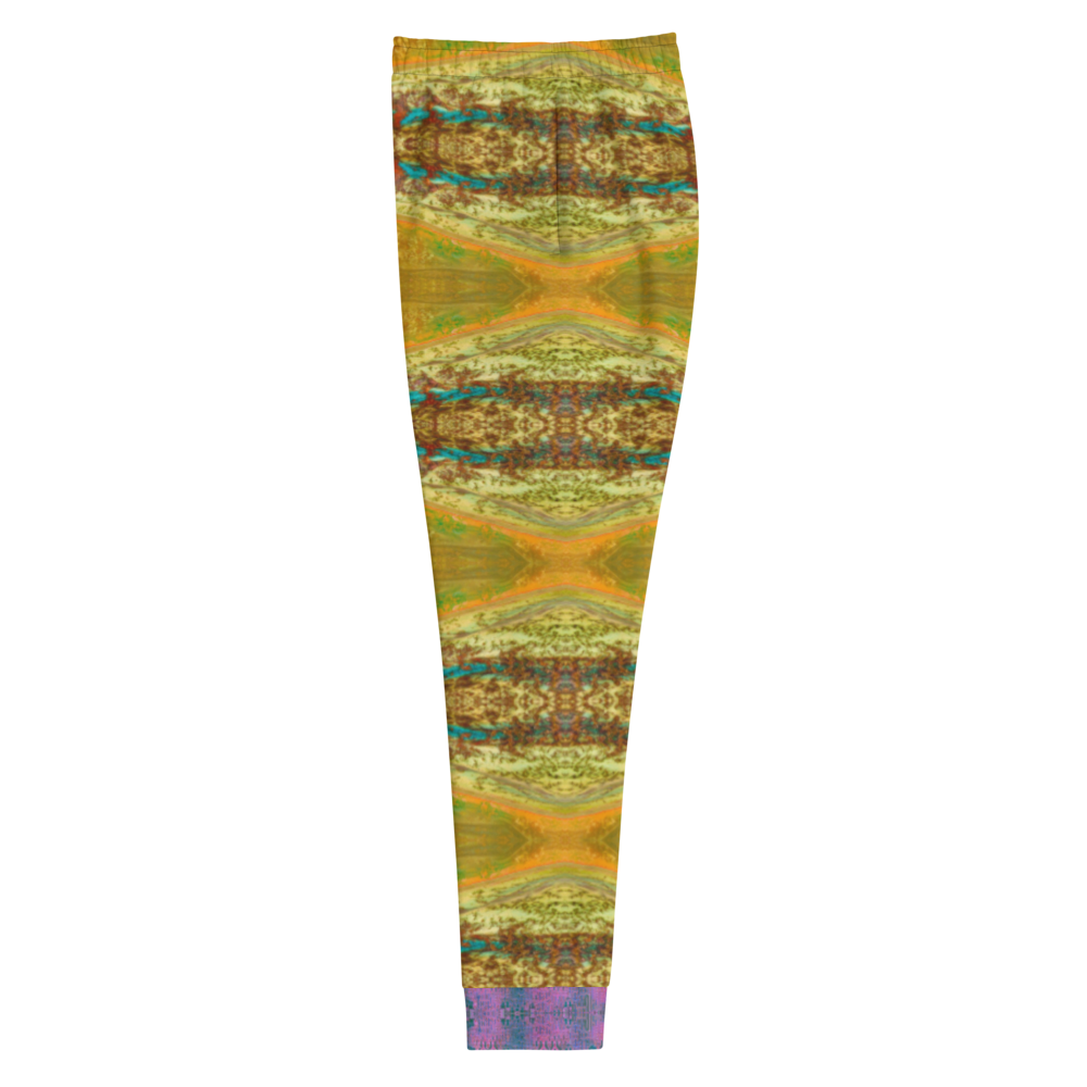 Hand Made, Print on Demand, Apparel & Accessories > Clothing > Activewear, Joggers, Sweatpants, River Jade Smithy, RJS, Travis Huffaker, RJSTH, 70% polyester, 27% cotton, 3% elastane, Slim fit, Cuffed legs, pockets, Elastic waistband, drawstring, RJSTH@Fabric#6, purple, leg cuff, bronze, gold, raku, blue, glass, copper, side
