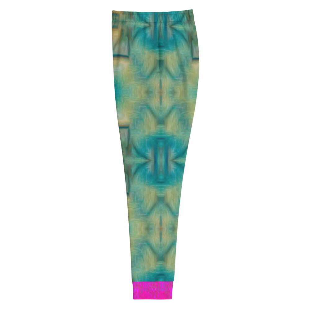Hand Made, Print on Demand, Apparel & Accessories > Clothing > Activewear, Joggers, Sweatpants, River Jade Smithy, RJS, Travis Huffaker, RJSTH, 70% polyester, 27% cotton, 3% elastane, Slim fit, pink, Cuffed legs, pockets, Elastic waistband, drawstring, RJSTH@Fabric#9, raku, blue, green, pink, yellow, crackle, finger streaks in clay, abstract, geometric, side