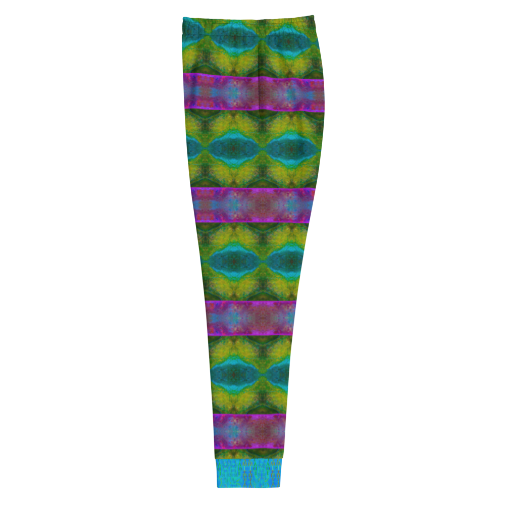 Hand Made, Print on Demand, Apparel & Accessories > Clothing > Activewear, Joggers, Sweatpants, River Jade Smithy, RJS, Travis Huffaker, RJSTH, 70% polyester, 27% cotton, 3% elastane, Slim fit, Blue, Cuffed legs, pockets, Elastic waistband, drawstring, RJSTH@Fabric#11, raku, geometric, purple, yellow, green, crackle, side
