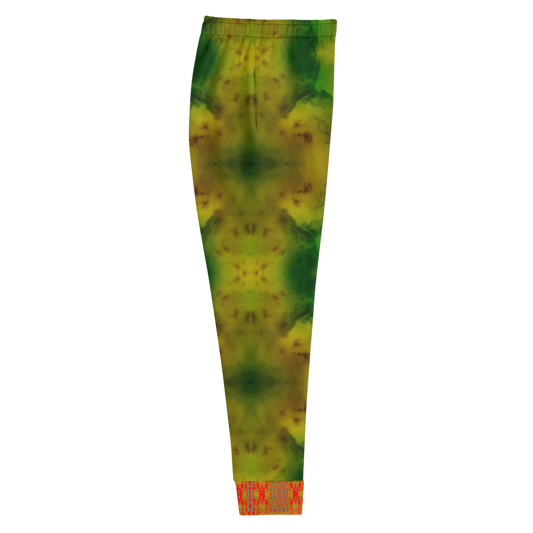 Hand Made, Print on Demand, Apparel & Accessories > Clothing > Activewear, Joggers, Sweatpants, River Jade Smithy, RJS, Travis Huffaker, RJSTH, 70% polyester, 27% cotton, 3% elastane, Slim fit, Cuffed legs, pockets, Elastic waistband, drawstring, RJSTH@Fabric#3, geometric, mottled, green, jade, orange, cuff, love, side