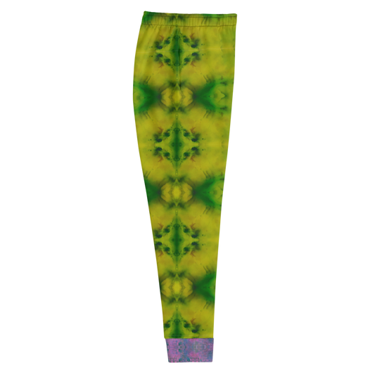 Hand Made, Print on Demand, Apparel & Accessories > Clothing > Activewear, Joggers, Sweatpants, River Jade Smithy, RJS, Travis Huffaker, RJSTH, 70% polyester, 27% cotton, 3% elastane, Slim fit, Cuffed legs, pockets, Elastic waistband, drawstring, RJSTH@Fabric#5, geometric, green, yellow, jade, purple, leg, cuff, love, side