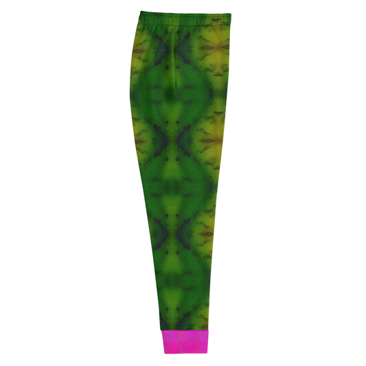 Hand Made, Print on Demand, Apparel & Accessories > Clothing > Activewear, Joggers, Sweatpants, River Jade Smithy, RJS, Travis Huffaker, RJSTH, 70% polyester, 27% cotton, 3% elastane, Slim fit, Pink, Cuffed legs, pockets, Elastic waistband, drawstring, RJSTH@Fabric#7, geometric, patterned, green, purple, jade, stone, side