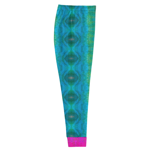 Hand Made, Print on Demand, Apparel & Accessories > Clothing > Activewear, Joggers, Sweatpants, River Jade Smithy, RJS, Travis Huffaker, RJSTH, 70% polyester, 27% cotton, 3% elastane, Slim fit, Pink Cuffed legs, pockets, Elastic waistband, drawstring, RJSTH@Fabric#8, raku, blue, green, teal, pink, crackle, abstract, side