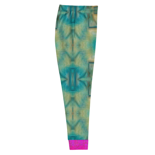 Hand Made, Print on Demand, Apparel & Accessories > Clothing > Activewear, Joggers, Sweatpants, River Jade Smithy, RJS, Travis Huffaker, RJSTH, 70% polyester, 27% cotton, 3% elastane, Slim fit, pink, Cuffed legs, pockets, Elastic waistband, drawstring, RJSTH@Fabric#9, raku, blue, green, pink, yellow, crackle, finger streaks in clay, abstract, geometric, side
