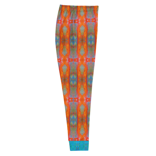 Hand Made, Print on Demand, Apparel & Accessories > Clothing > Activewear, Joggers, Sweatpants, River Jade Smithy, RJS, Travis Huffaker, RJSTH, 70% polyester, 27% cotton, 3% elastane, Slim fit, blue, Cuffed legs, pockets, Elastic waistband, drawstring, RJSTH#Fabric#12, raw Collection, raku, orange, red, gray, blue, geometric, side