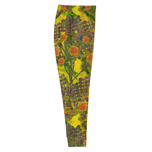 Hand Made, Print on Demand, Apparel & Accessories > Clothing > Activewear, Joggers, Sweatpants, River Jade Smithy, RJS, Travis Huffaker, RJSTH, 70% polyester, 27% cotton, 3% elastane, Slim fit, Cuffed legs, pockets, Elastic waistband, drawstring, RJSTH@Fabric#1, WindSong Flower, yellow, jade, orange, flower, copper, back