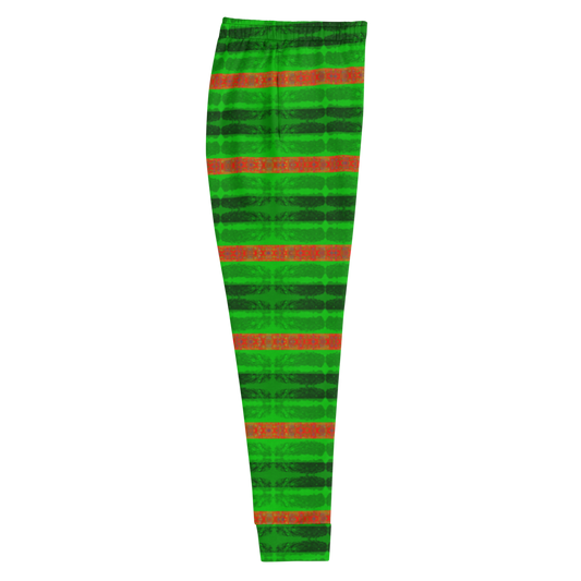Hand Made, Print on Demand, Apparel & Accessories > Clothing > Activewear, Joggers, Sweatpants, River Jade Smithy, RJS, Travis Huffaker, RJSTH, 70% polyester, 27% cotton, 3% elastane, Slim fit, Cuffed legs, pockets, Elastic waistband, drawstring, RindLink Collection, Rind#3 Flip, jewelled, stripes, orange, green, light, side