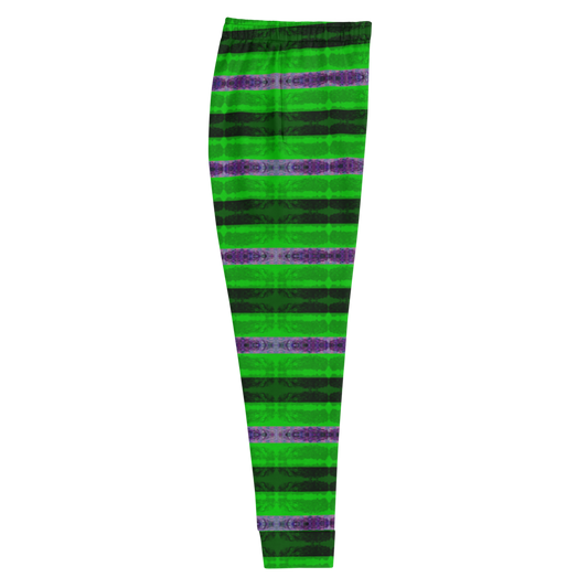 Hand Made, Print on Demand, Apparel & Accessories > Clothing > Activewear, Joggers, Sweatpants, River Jade Smithy, RJS, Travis Huffaker, RJSTH, 70% polyester, 27% cotton, 3% elastane, Slim fit, Cuffed legs, pockets, Elastic waistband, drawstring, Rind Link Collection, Rind#4, purple, lime, green, jewelled, stripes, side