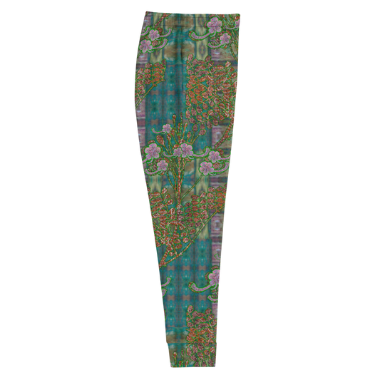 Hand Made, Print on Demand, Apparel & Accessories > Clothing > Activewear, Joggers, Sweatpants, River Jade Smithy, RJS, Travis Huffaker, RJSTH, 70% polyester, 27% cotton, 3% elastane, Slim fit, Cuffed legs, pockets, Elastic waistband, drawstring, RJSTH@Fabric#4, WindSong Flower, green, crackle, purple, flowers, copper, side