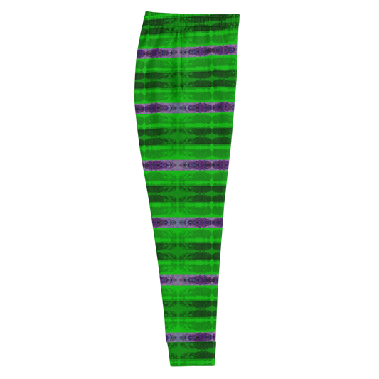 Hand Made, Print on Demand, Apparel & Accessories > Clothing > Activewear, Joggers, Sweatpants, River Jade Smithy, RJS, Travis Huffaker, RJSTH, 70% polyester, 27% cotton, 3% elastane, Slim fit, Cuffed legs, pockets, Elastic waistband, drawstring, Rind Link Collection, Rind#5, green, cerulean, purple, horizontal, jeweled, stripes, side