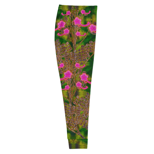 Hand Made, Print on Demand, Apparel & Accessories > Clothing > Activewear, Joggers, Sweatpants, River Jade Smithy, RJS, Travis Huffaker, RJSTH, 70% polyester, 27% cotton, 3% elastane, Slim fit, Cuffed legs, pockets, Elastic waistband, drawstring, RJSTH@Fabric#7, WindSong Flower Collection, patterned, green, jade, woven, copper, leaves, pink flowers, side