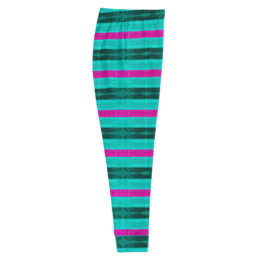 Hand Made, Print on Demand, Apparel & Accessories > Clothing > Activewear, Joggers, Sweatpants, River Jade Smithy, RJS, Travis Huffaker, RJSTH, 70% polyester, 27% cotton, 3% elastane, Slim fit, Cuffed legs, pockets, Elastic waistband, drawstring, RindLink Collection, Rind#8 Flip, jeweled, stripes, pink, light blue, dark blue, side