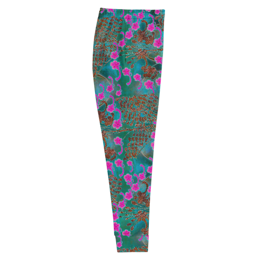 Hand Made, Print on Demand, Apparel & Accessories > Clothing > Activewear, Joggers, Sweatpants, River Jade Smithy, RJS, Travis Huffaker, RJSTH, 70% polyester, 27% cotton, 3% elastane, Slim fit, Cuffed legs, pockets, Elastic waistband, drawstring, RJSTH@Fabric#8, WindSong Flower Collection, raku, blue crackle, woven copper leaves, pink flowers, side