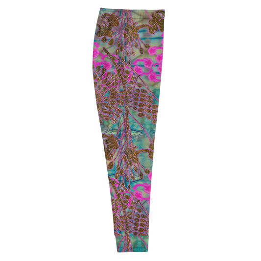 Hand Made, Print on Demand, Apparel & Accessories > Clothing > Activewear, Joggers, Sweatpants, River Jade Smithy, RJS, Travis Huffaker, RJSTH, 70% polyester, 27% cotton, 3% elastane, Slim fit, Cuffed legs, pockets, Elastic waistband, drawstring, RJSTH@Fabric#9, WindSong Flower Collection, geometric, raku, blue, crackle, woven, copper, leaves, pink, flowers, side