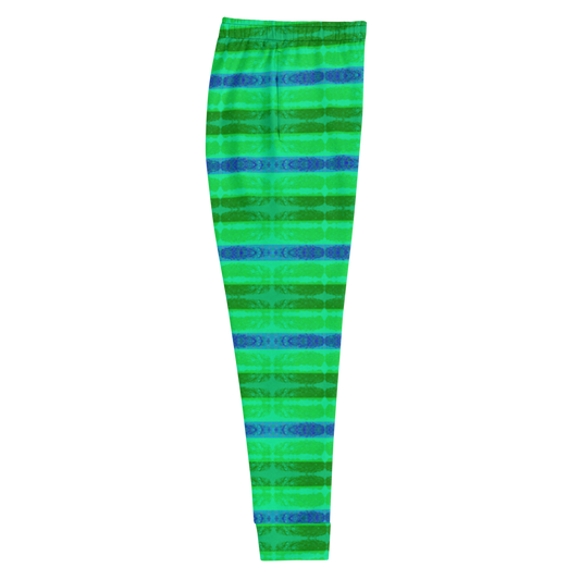 Hand Made, Print on Demand, Apparel & Accessories > Clothing > Activewear, Joggers, Sweatpants, River Jade Smithy, RJS, Travis Huffaker, RJSTH, 70% polyester, 27% cotton, 3% elastane, Slim fit, Cuffed legs, pockets, Elastic waistband, drawstring, RJSTH@Fabric#10, Rind#10 Flip, GNHV8.2.1, green, blue, jeweled, stripes, side