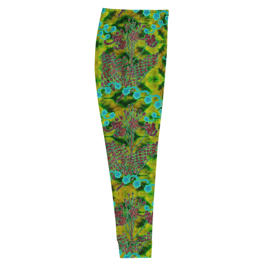 Hand Made, Print on Demand, Apparel & Accessories > Clothing > Activewear, Joggers, Sweatpants, River Jade Smithy, RJS, Travis Huffaker, RJSTH, 70% polyester, 27% cotton, 3% elastane, Slim fit, Cuffed legs, pockets, Elastic waistband, drawstring, RJSTH@Fabric#10, WindSong Flower, geometric, green, red, jade, Woven, copper, leaves, purple, flowers, side
